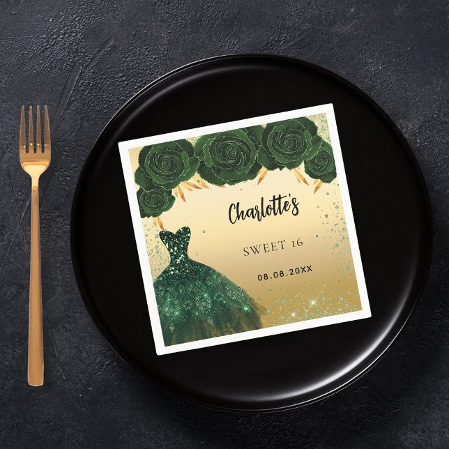 Guardanapo De Papel Doce 16 flores verdes esmeraldas, flores douradas (Criador carregado)