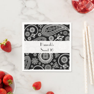 Guardanapo De Papel Doce 16 - Persa Paisley, pontos - branco preto