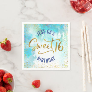 Guardanapo De Papel Doce 16 Turquesa Aquarela Dourada Girly Birthday