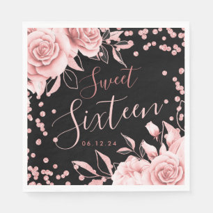 Guardanapo De Papel Doce Preto Rosa Dourado 16 Glitter Confetti Floral