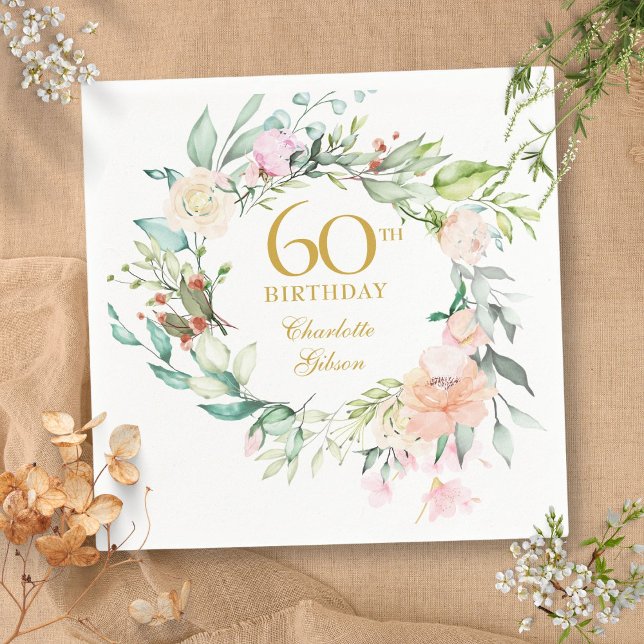 Guardanapo De Papel Doce Rosa de Verão Garland 60º aniversário (Sweet Summer Roses Garland 60th Birthday Napkins)