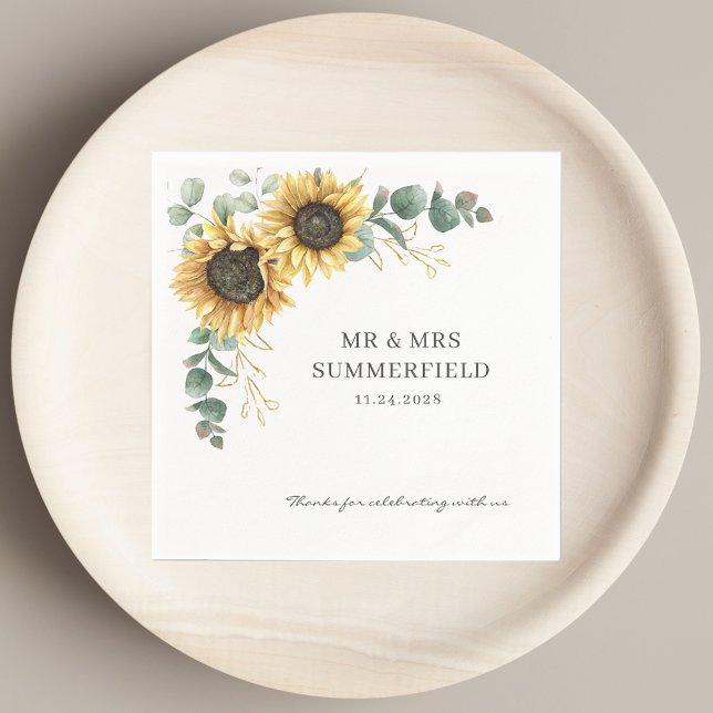 Guardanapo De Papel Documento de Casamento de Sunflower Eucalyptus Gre (Sunflower Floral Eucalyptus Greenery Wedding Paper Napkins)