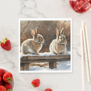 Guardanapo De Papel Dois coelhos bonitos em um banco de neve