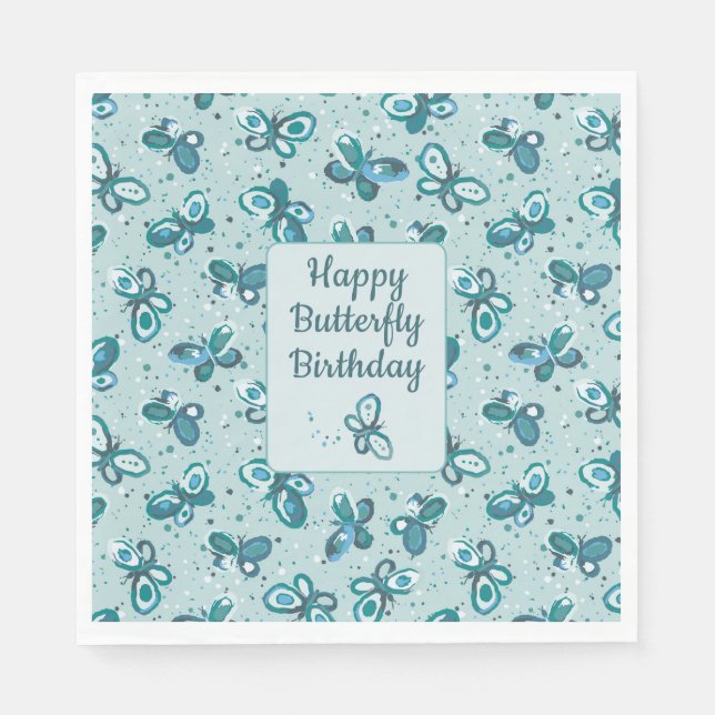Guardanapo De Papel Doodle Bugs Butterflies - turquoise - birthday. (Frente)