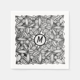 Guardanapo De Papel Doodle Desenhado à Mão Preto e Branco com Monogram