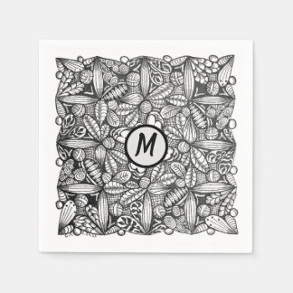 Guardanapo De Papel Doodle Desenhado à Mão Preto e Branco com Monogram
