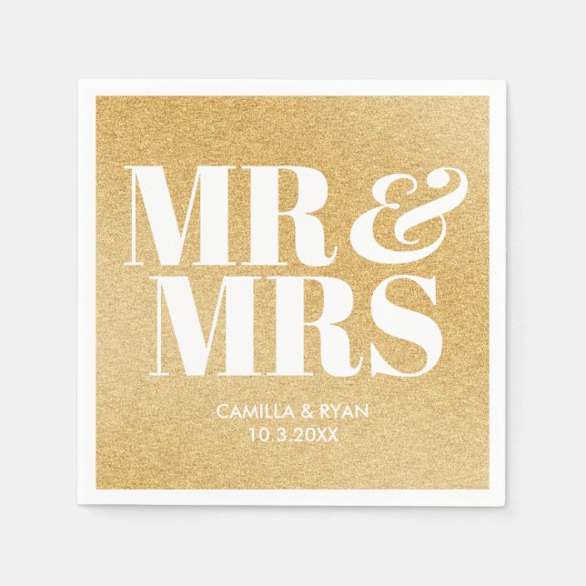 Guardanapo De Papel Dourada Glitter Sr. e Sra. Personalizada Casamento (Frente)