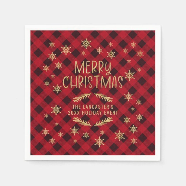 Guardanapo De Papel Dourada Glittery Snowflake Red Xadrez Feliz Natal (Frente)
