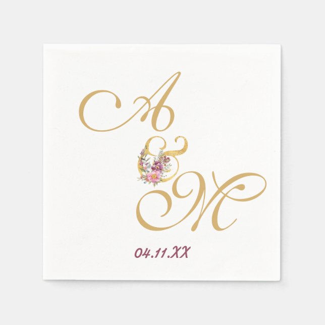 Guardanapo De Papel Dourada letra MONOGRAM WEDDING PERSONALIZADA (Frente)