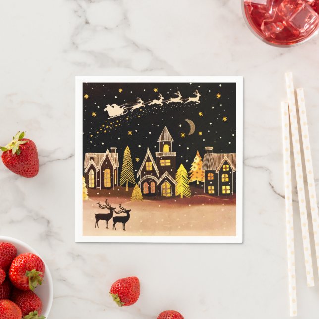 Guardanapo De Papel Dourada vila de Natal Deitada Noite de inverno (Insitu)
