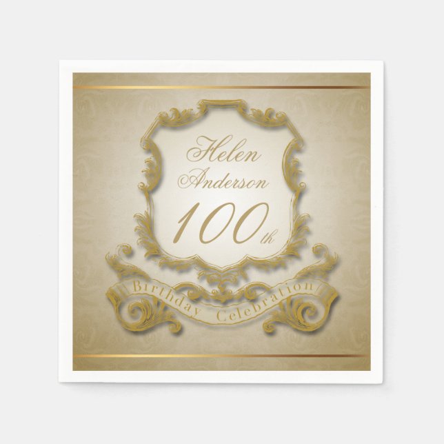 Guardanapo De Papel Dourado 100.º Aniversário de Celebração Napkins (Frente)