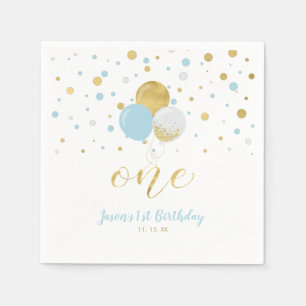 Guardanapo De Papel Dourado & Azul Balões, Confete Aniversário de 1