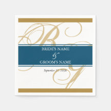 Dourado Azul Monograma de Letra Elegante Casamento