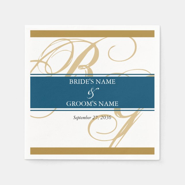 Guardanapo De Papel Dourado Azul Monograma de Letra Elegante Casamento (Frente)
