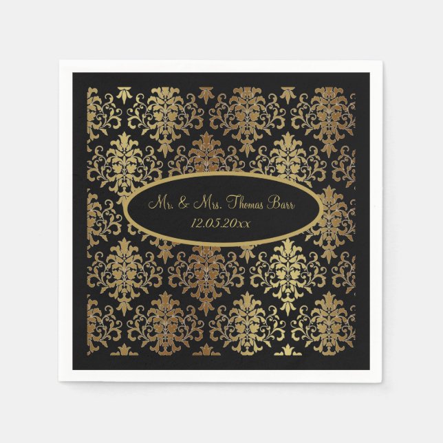 Guardanapo De Papel Dourado Damask Black Script Weding Elegante (Frente)