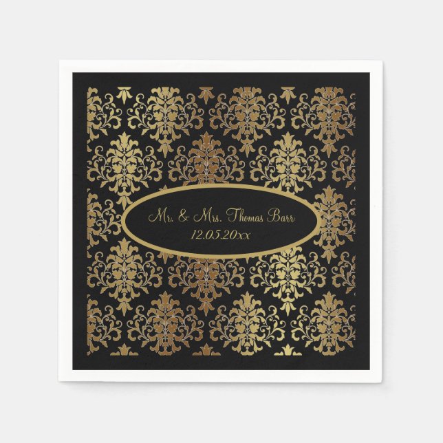 Guardanapo De Papel Dourado Damask Black Script Weding Elegante (Frente)
