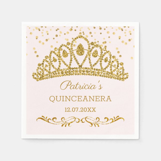 Guardanapo De Papel Dourado efeito de brilho tiara, confete Quinceaner (Frente)