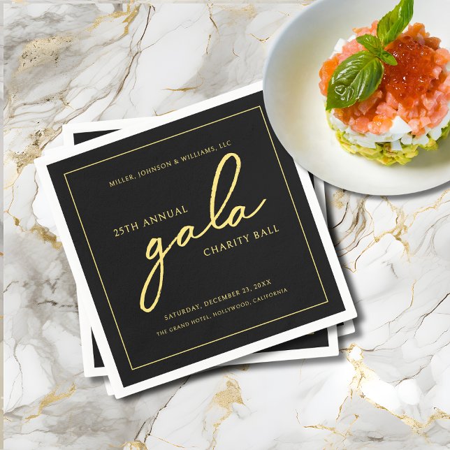 Guardanapo De Papel Dourado Elegante de Fundraiser Elegante de Evento  (Gala Event Charity Fundraiser Elegant Black and Gold Cocktail Napkins with Company Name, Event Info.)