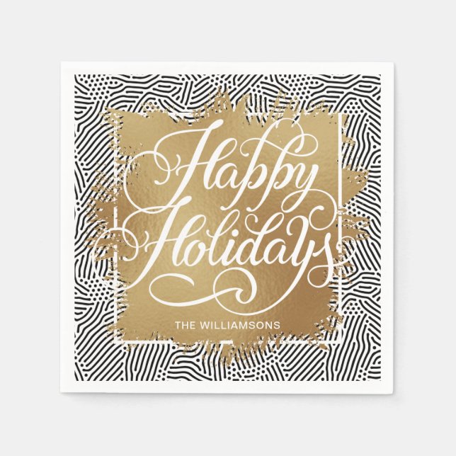Guardanapo De Papel Dourado Faux Foil Happy Holidays Moderno Black (Frente)