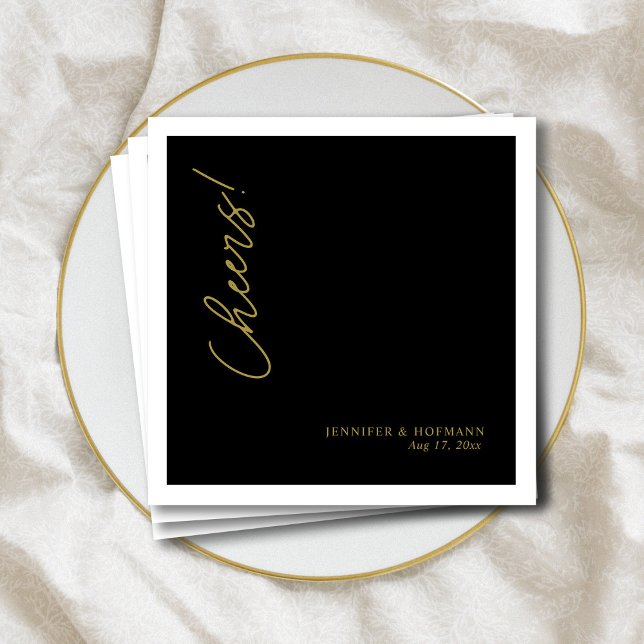 Guardanapo De Papel Dourado moderno personalizado "Saúde!" Casamento N (Personalized Modern Gold _Cheers!_ Black Wedding  Napkins)
