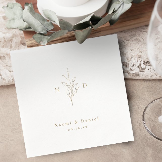 Guardanapo De Papel Dourado monograma botânico simples casamento rústi (Gold simple botanical monogram rustic wedding napkins)