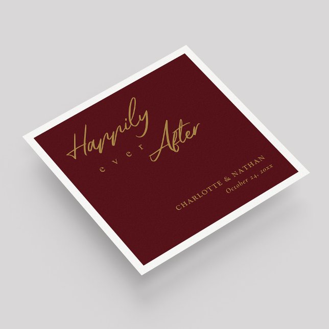 Guardanapo De Papel Dourado na Borgonha Feliz para Sempre Depois do Ca (Custom Gold on Burgundy Happily Ever After Wedding Napkins)