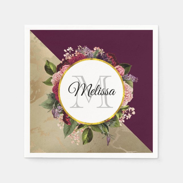 Guardanapo De Papel Dourado padrão mármore e monograma floral borgonha (Frente)