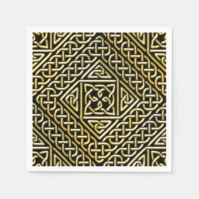 Guardanapo De Papel Dourado Preto Formas Quadradas Celtas de Knotwork  (Frente)
