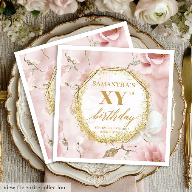 Guardanapo De Papel Dourado Script Personalizado Blush 80 Festa de ani (Custom Gold Script Blush 80 Birthday Party Napkins)