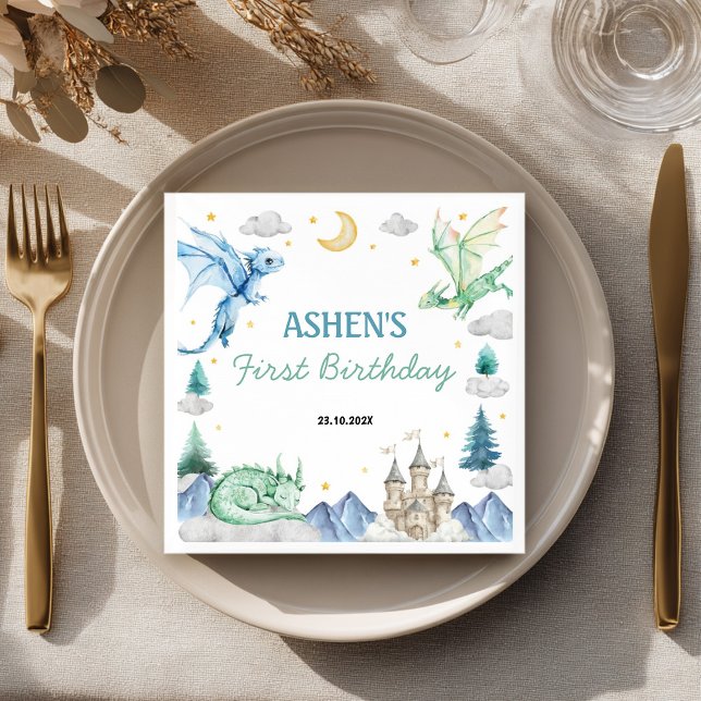 Guardanapo De Papel Dragon Watercolor Boy Birthday Napkin (Criador carregado)