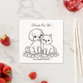 Guardanapo De Papel Drinks On Us Simple Drawing Cute Dog & Cat Wedding