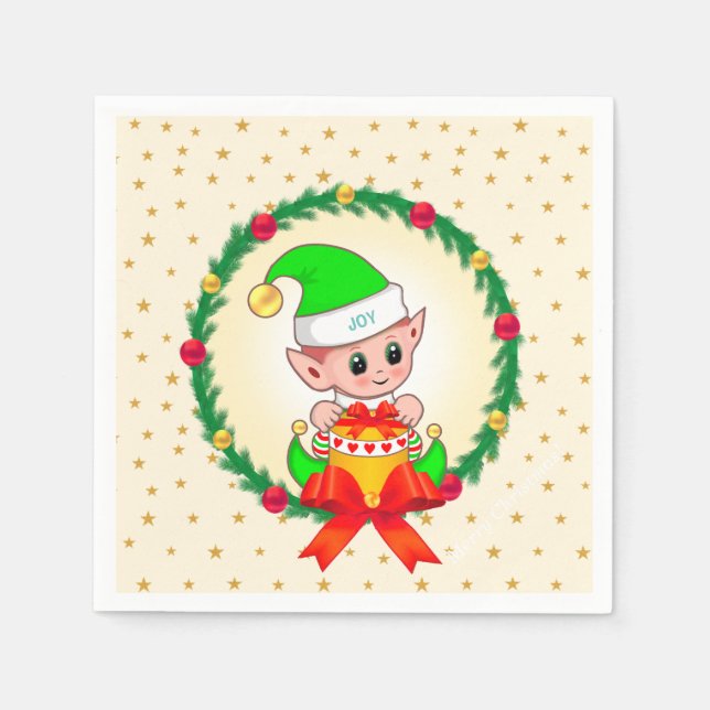 Guardanapo De Papel duende de Natal, coroa de pinheiro & estrelas  (Frente)