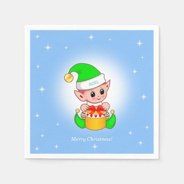 Guardanapo De Papel duende de Natal & estrelas em azul claro (Frente)