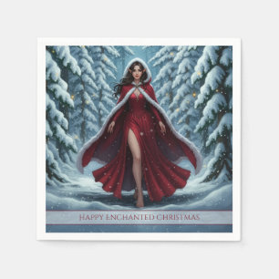 Guardanapo De Papel Duende de Natal Vermelho na Floresta Invernal Neva