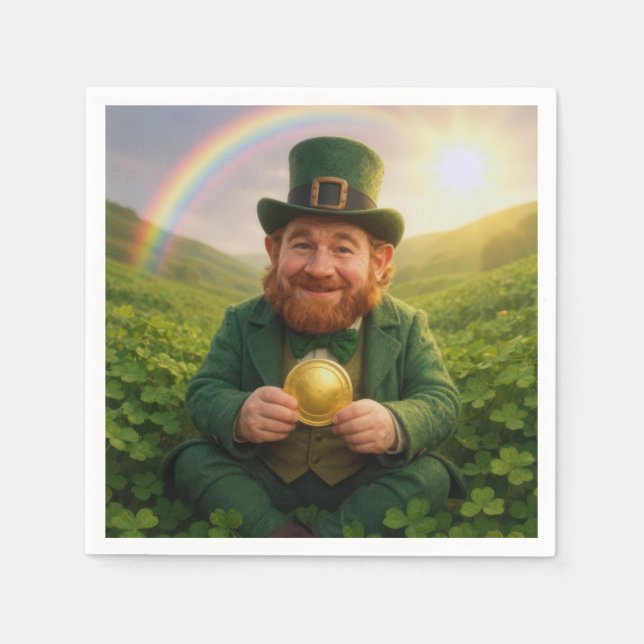 Guardanapo De Papel Duende Irlandês Com Moeda de Ouro e Arco-íris (Frente)