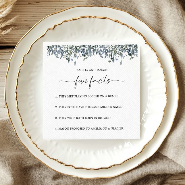 Guardanapo De Papel Dusty Blue Botanical Greenery Fun Facts Wedding (Dusty Blue Botanical Greenery Fun Facts Wedding Napkins)
