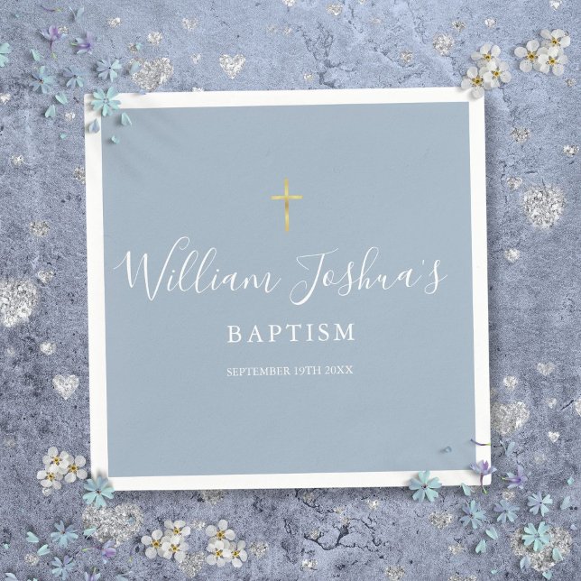 Guardanapo De Papel Dusty Blue Dourado Cruz Baptism Christening (Dusty Blue Gold Cross Baptism Christening Napkins)