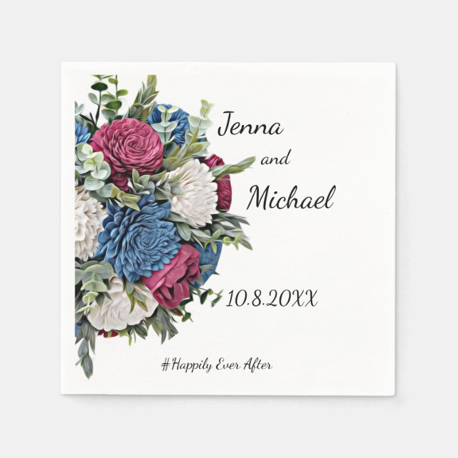 Guardanapo De Papel Dusty Blue e Burgundy Floral Napkin (Frente)