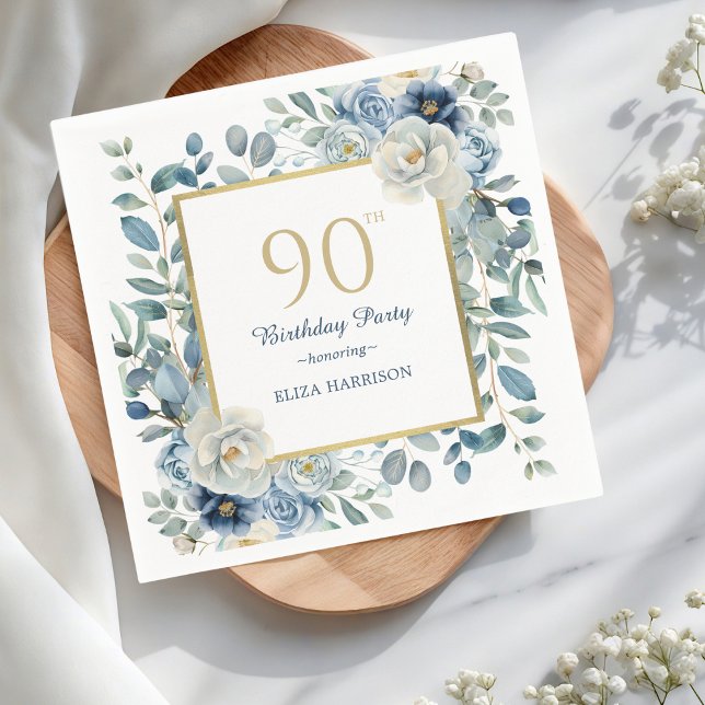 Guardanapo De Papel Dusty Blue Floral 90 Birthday (Criador carregado)