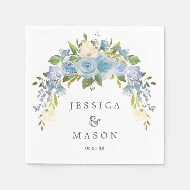 Guardanapo De Papel Dusty Blue Floral Casamento Napkin Cocktail (Frente)