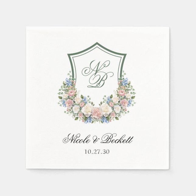 Guardanapo De Papel Dusty Blue Floral Crest Casamento (Frente)