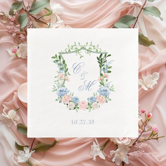 Guardanapo De Papel Dusty Blue Floral Crest Casamento (Criador carregado)