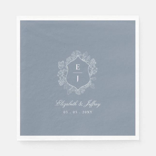 Guardanapo De Papel Dusty Blue Floral Crest Monograma Casamento (Frente)