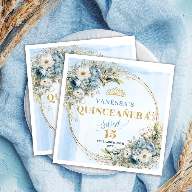 Guardanapo De Papel Dusty Blue Floral Gold Glitter Quinceañera Party   (Dusty Blue Floral Gold Glitter Quinceañera Party Napkins)