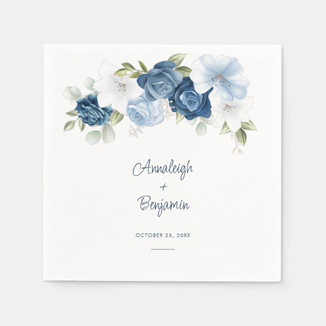 Guardanapo De Papel Dusty Blue Floral Greenery Foliage Casamento (Frente)