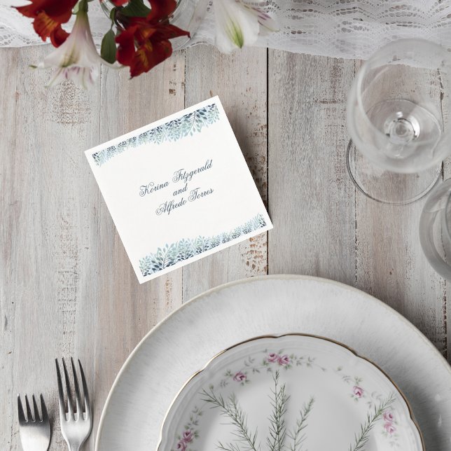 Guardanapo De Papel Dusty Blue Greenery Wedding Cocktail Napkin (Criador carregado)