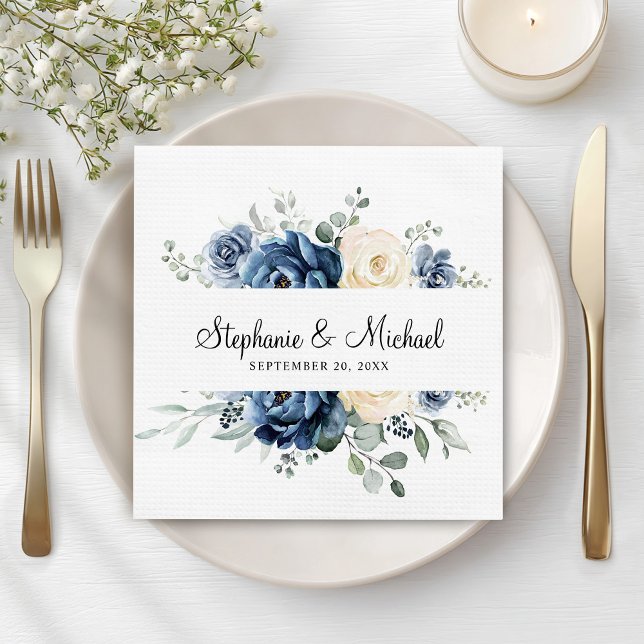 Guardanapo De Papel Dusty Blue Marinho Champanhe Ivory Floral Casament (Dusty Blue Navy Champagne Ivory Floral Wedding Napkins)