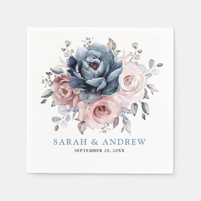 Guardanapo De Papel Dusty Blue Mauve Rosa rosa Slate Floral Casamento (Frente)