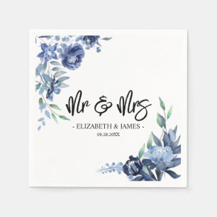 Guardanapo De Papel Dusty Blue Navy Floral Mr & Mrs Casamento
