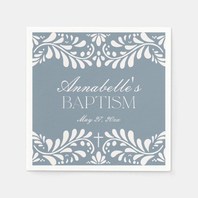 Guardanapo De Papel Dusty Blue Talavera Azulejo Fiesta Boy Baptism (Frente)
